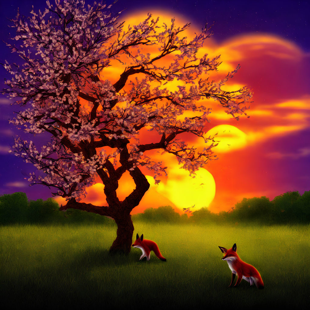 Colorful sunset with cherry tree and foxes in meadow