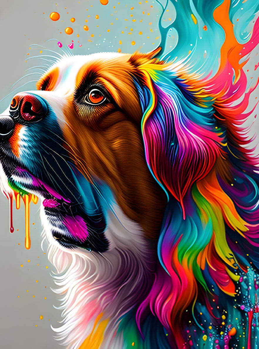 Colorful digital artwork: Dog with flowing mane and paint splashes