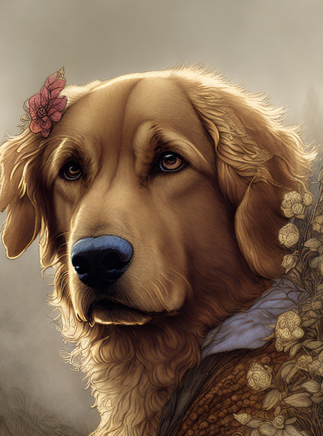 Serene golden retriever with pink flower against floral background