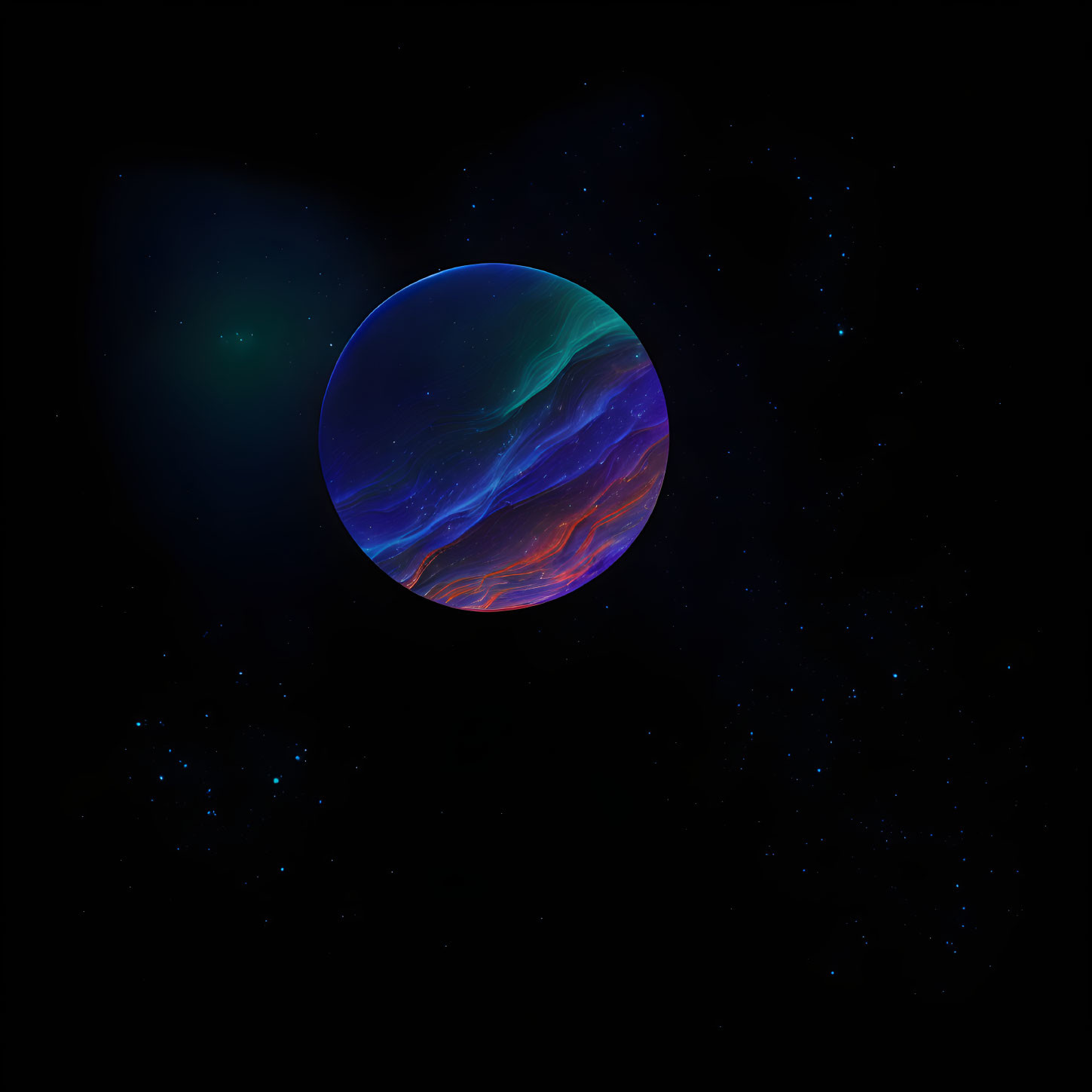 Colorful exoplanet in blue and purple hues against starry space backdrop.