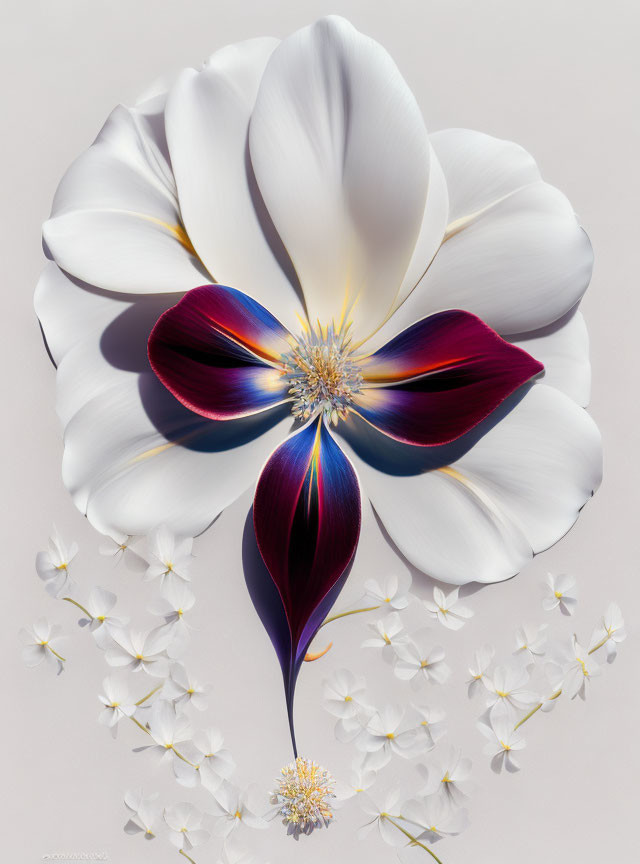 Detailed digital artwork of magnified white flower with maroon center and surrounding white flowers on light background