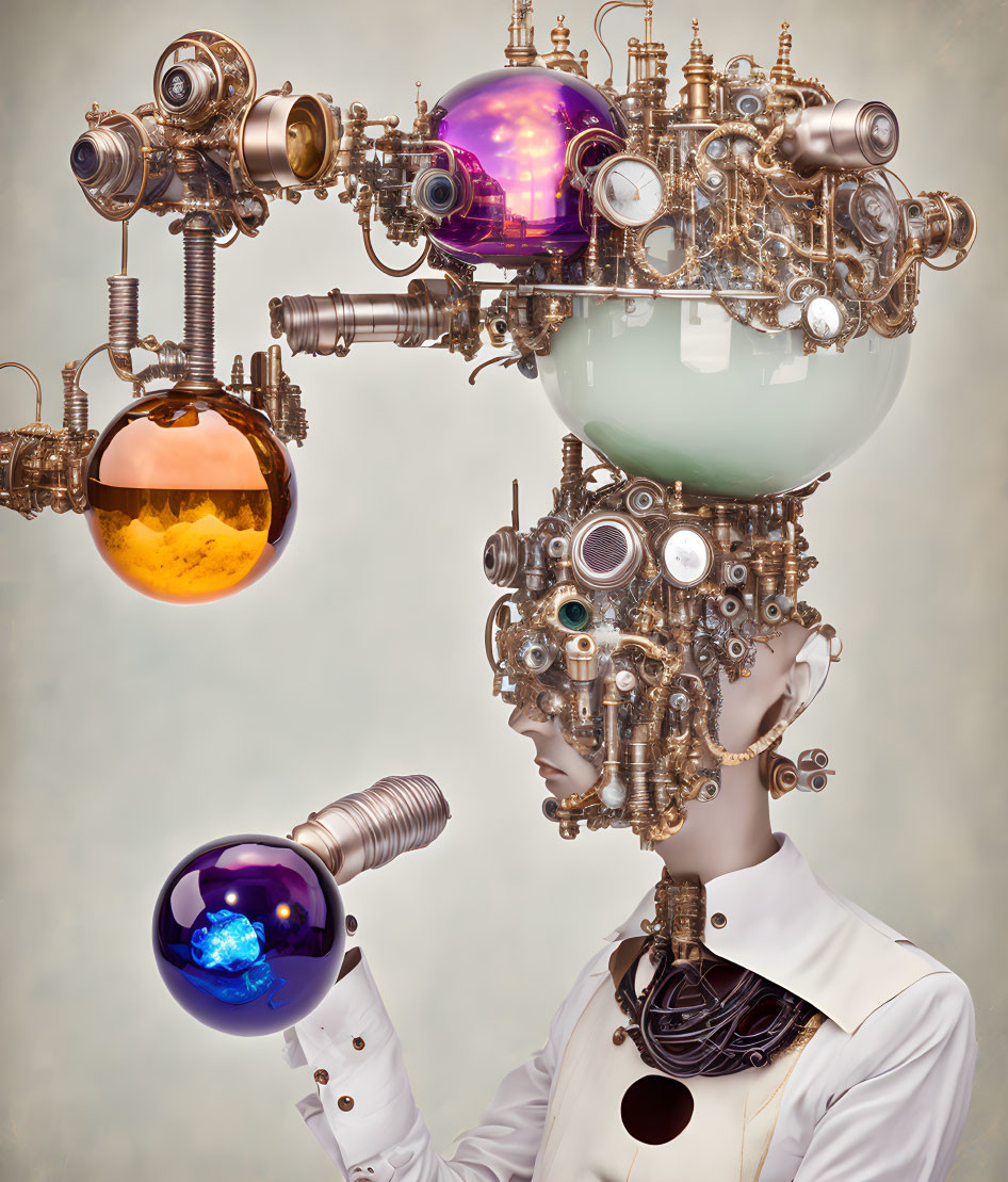 Steampunk-style mechanical head with multicolored orbs on beige background