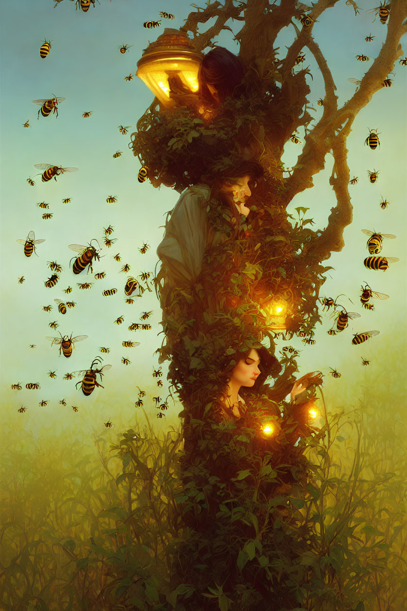 Illustration of two people intertwined in a leafy tree under warm glow with buzzing bees.