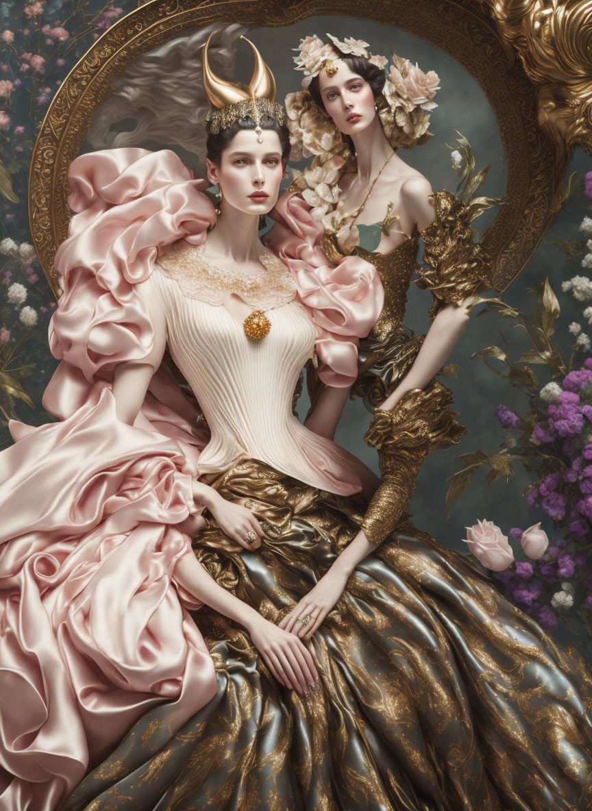 Two women in vintage attire surrounded by lush flowers and a gilded mirror