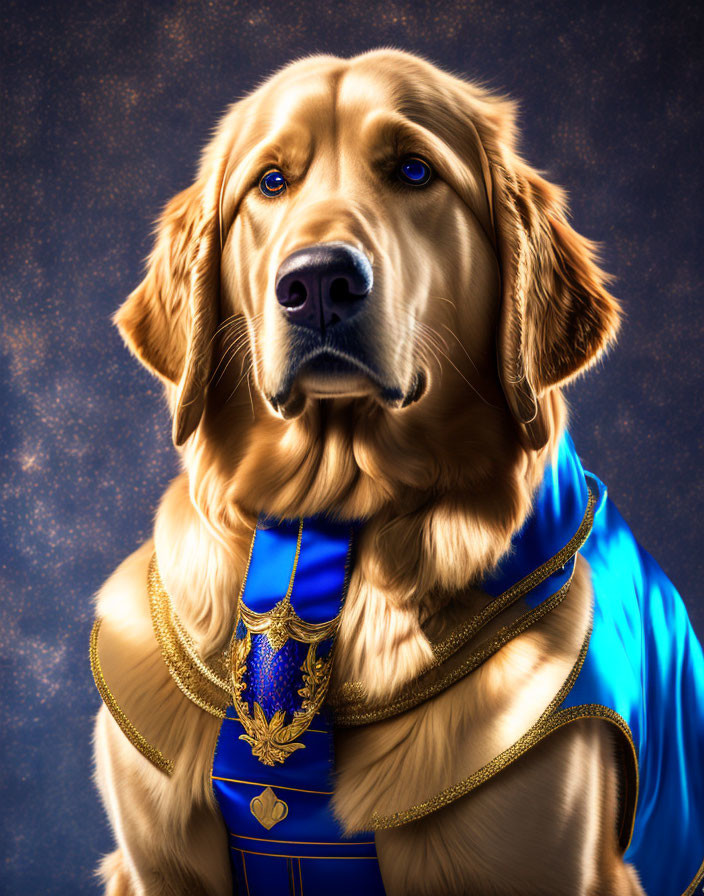 Golden Retriever in Royal Blue Cloak with Gold Trim on Starry Background