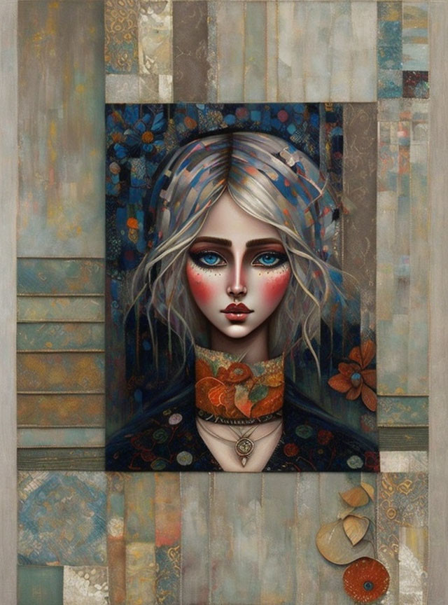 Portrait of Woman with Blue Eyes, Grey Hair, and Floral Accents