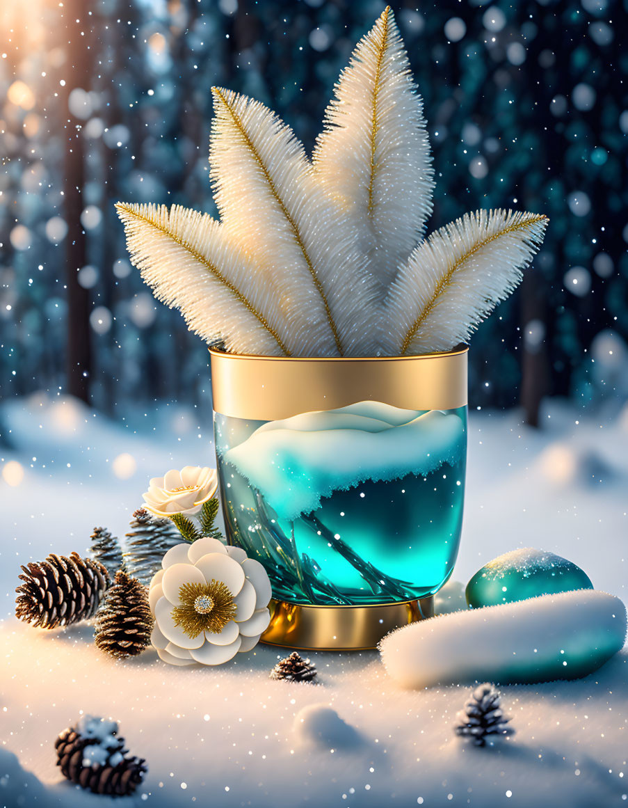 Glowing aqua liquid in jar with white leaves, snowflakes, pine cones, and