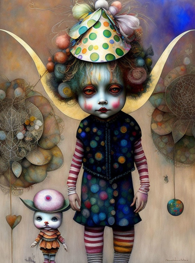 Whimsical painting of doll-like figures with oversized heads and fairy wings in dreamy setting