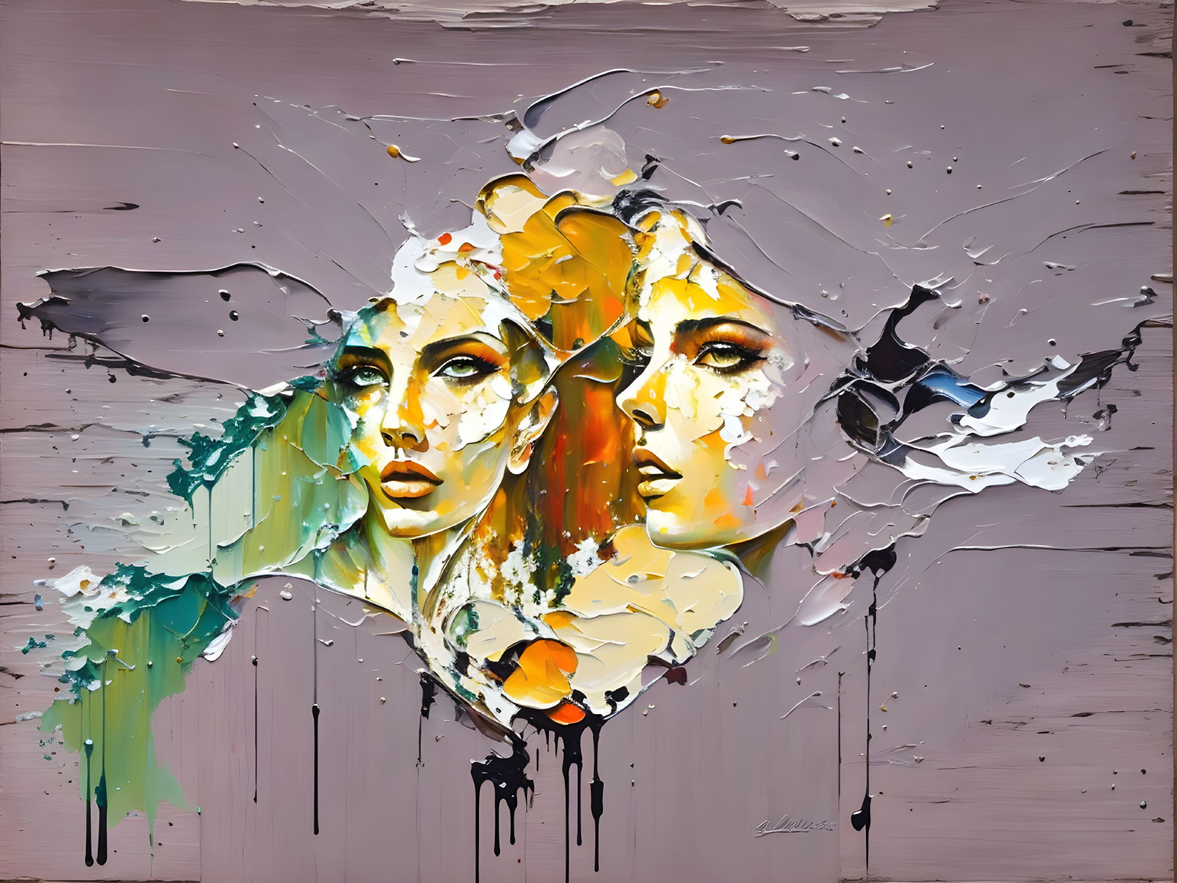 Vivid abstract painting: Two overlapping female faces with dripping paint details