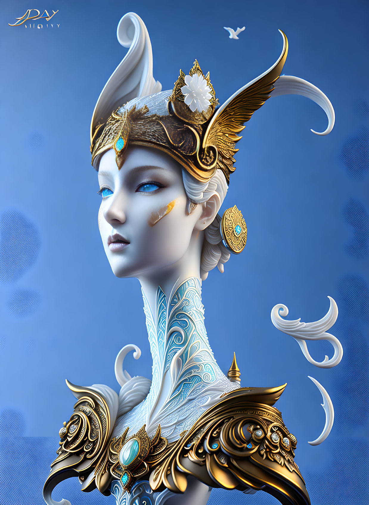 Stylized regal female figure in ornate golden and white armor