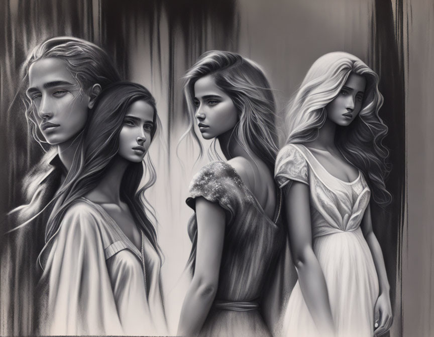 Four women in flowing dresses with ethereal hair in monochrome illustration