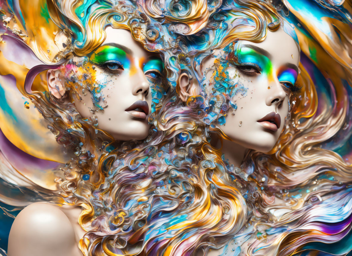 Vibrant surreal portrait with multicolored makeup and swirling hair