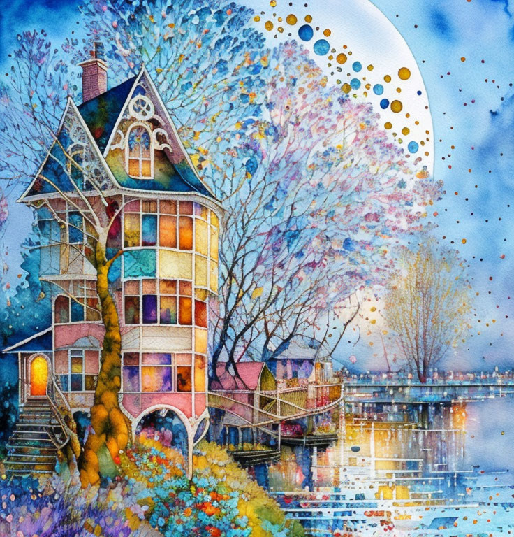 Colorful watercolor painting of whimsical multistory house by serene lake