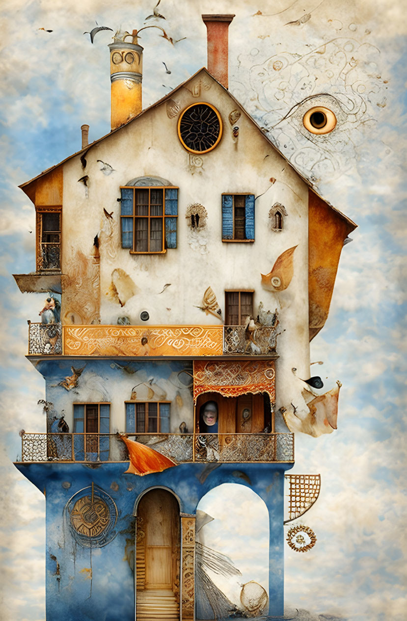 Whimsical multi-story house with animals and objects under cloudy sky