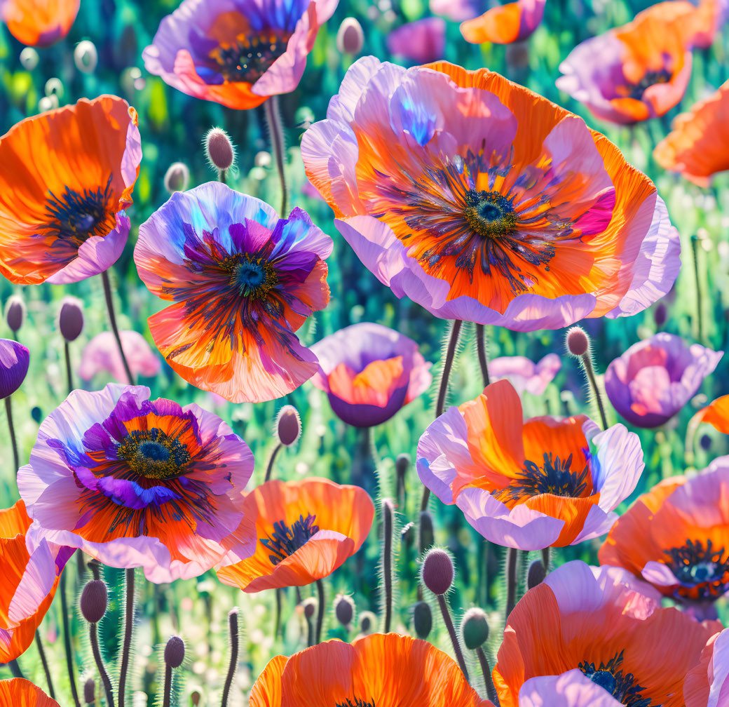 Colorful Orange and Purple Poppies in Sunny Garden