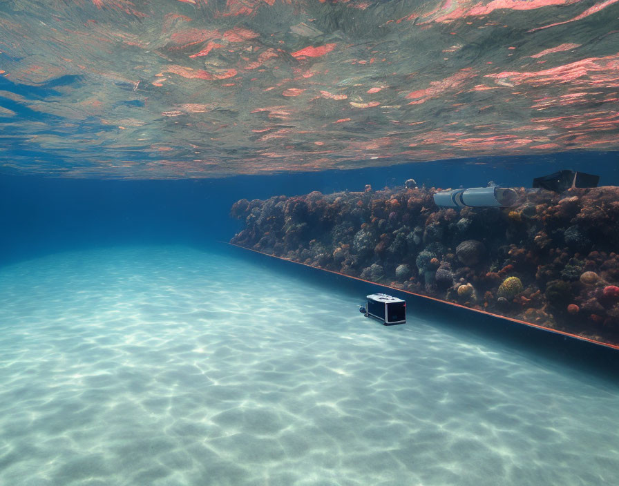 Serene coral reef with submerged bus in clear blue water