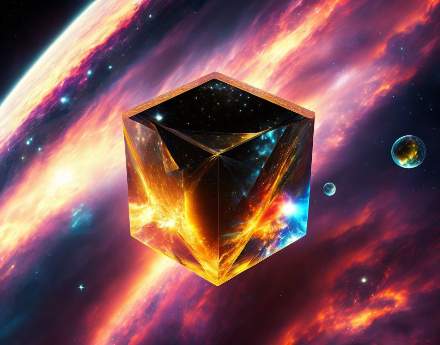 Colorful Cosmic Scene: Translucent Golden Cube Amid Stars & Nebulae