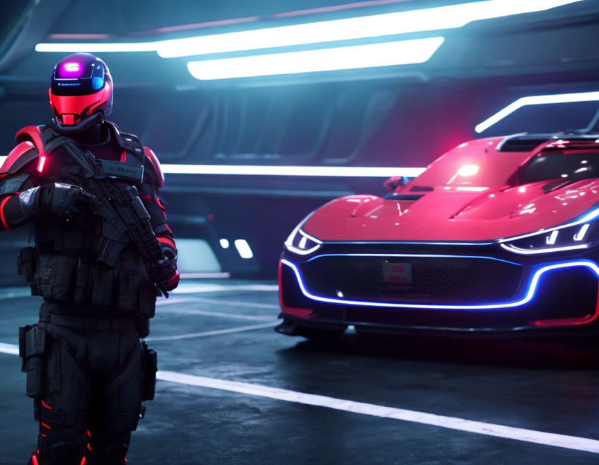 Futuristic soldier in armored suit next to red sports car in neon-lit garage