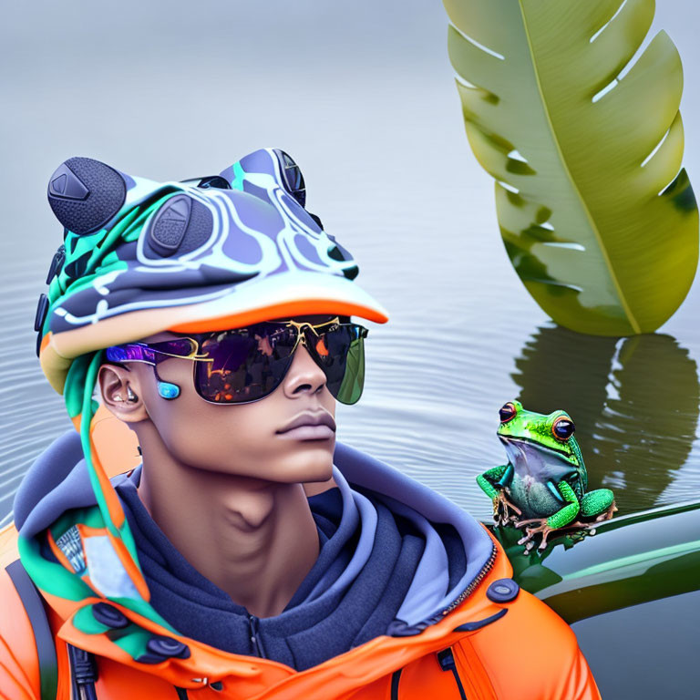 Colorful hat and futuristic sunglasses on 3D person next to frog on leaf in water