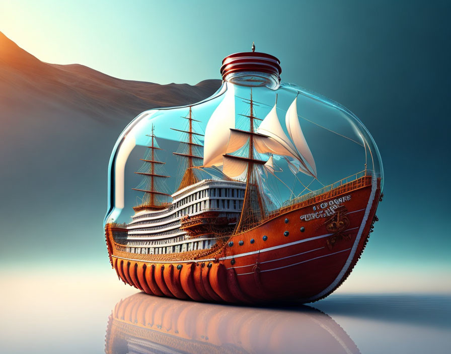 Detailed Ship Enclosed in Glass Bottle Against Hill Backdrop