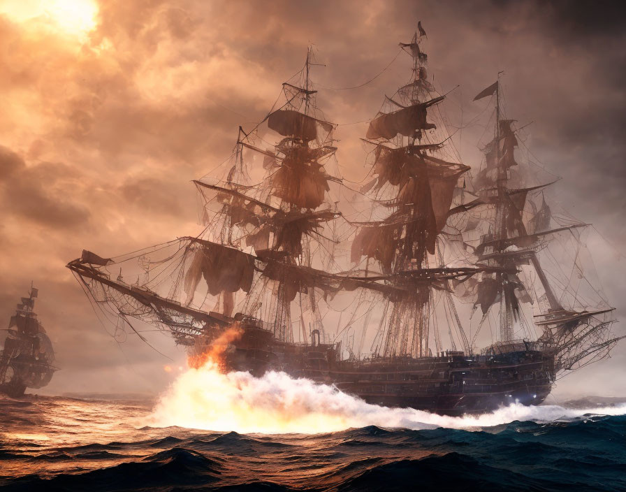 Vintage sailing ship firing cannon in stormy seas