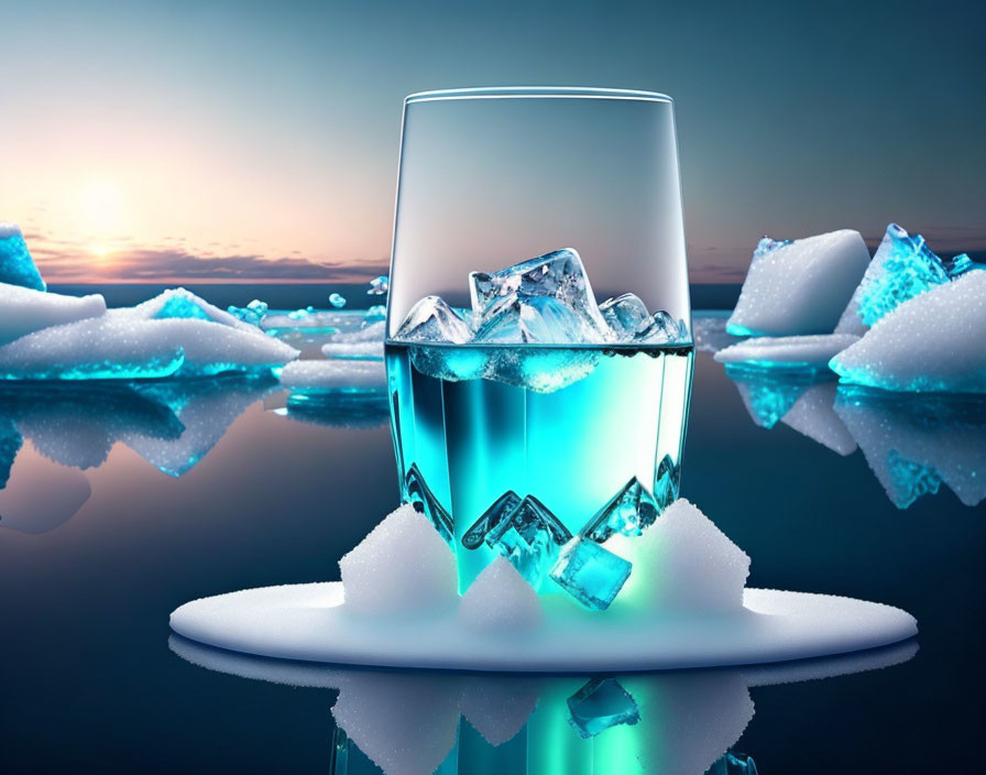 Blue liquid glass with ice cubes on surface, melting icebergs under twilight sky