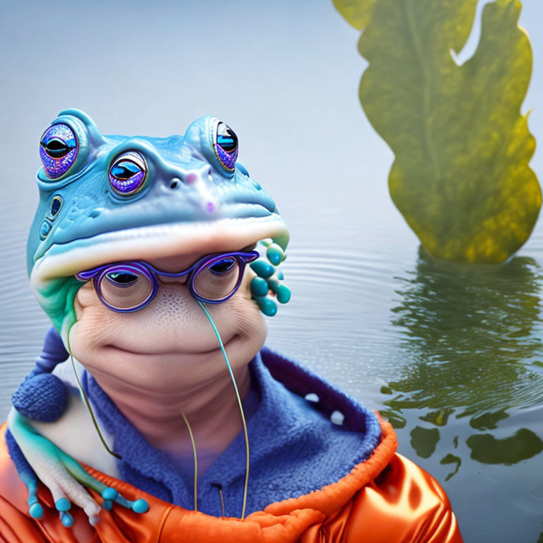 Illustration of frog with human-like features in glasses and hoodie by water