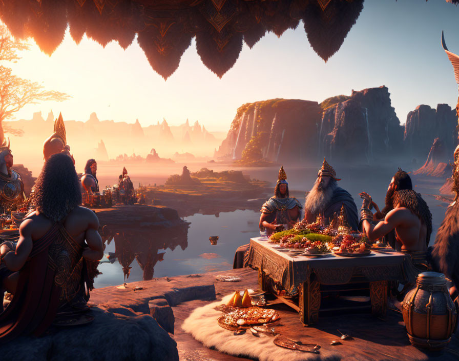 Warriors feast in mountain landscape at sunset