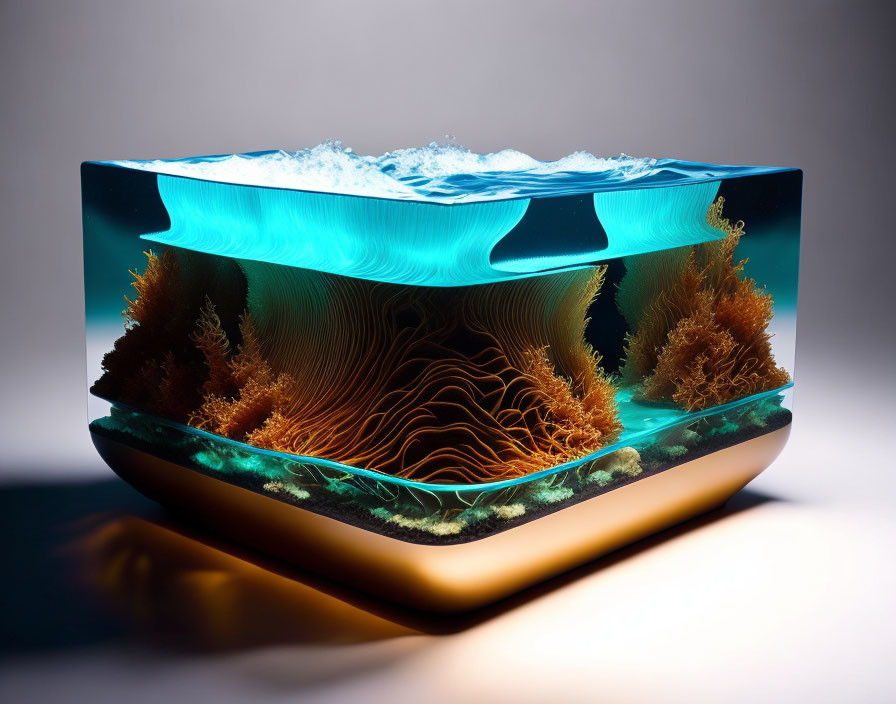 Three-Dimensional Resin Art: Ocean Scene with Layered Waves and Coral-like Structures