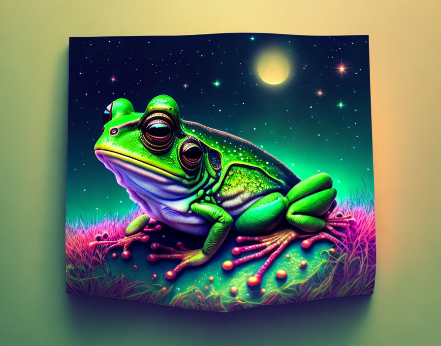 Green frog under moonlit sky on curved canvas