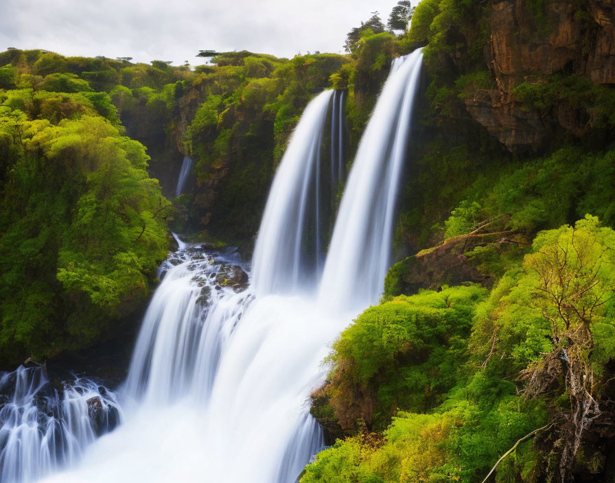 Serene waterfall surrounded by green foliage and cliffs