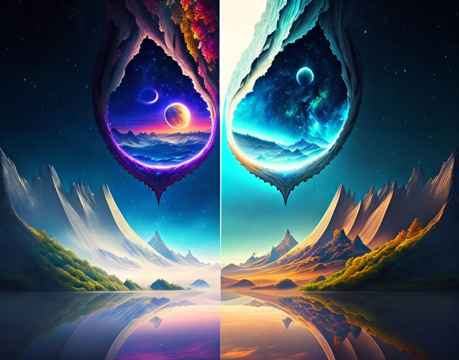 Fantasy landscapes mirrored in surreal cosmic scene