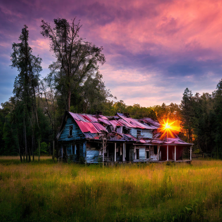 Dilapidated wooden house in field at sunset with purple and orange sky