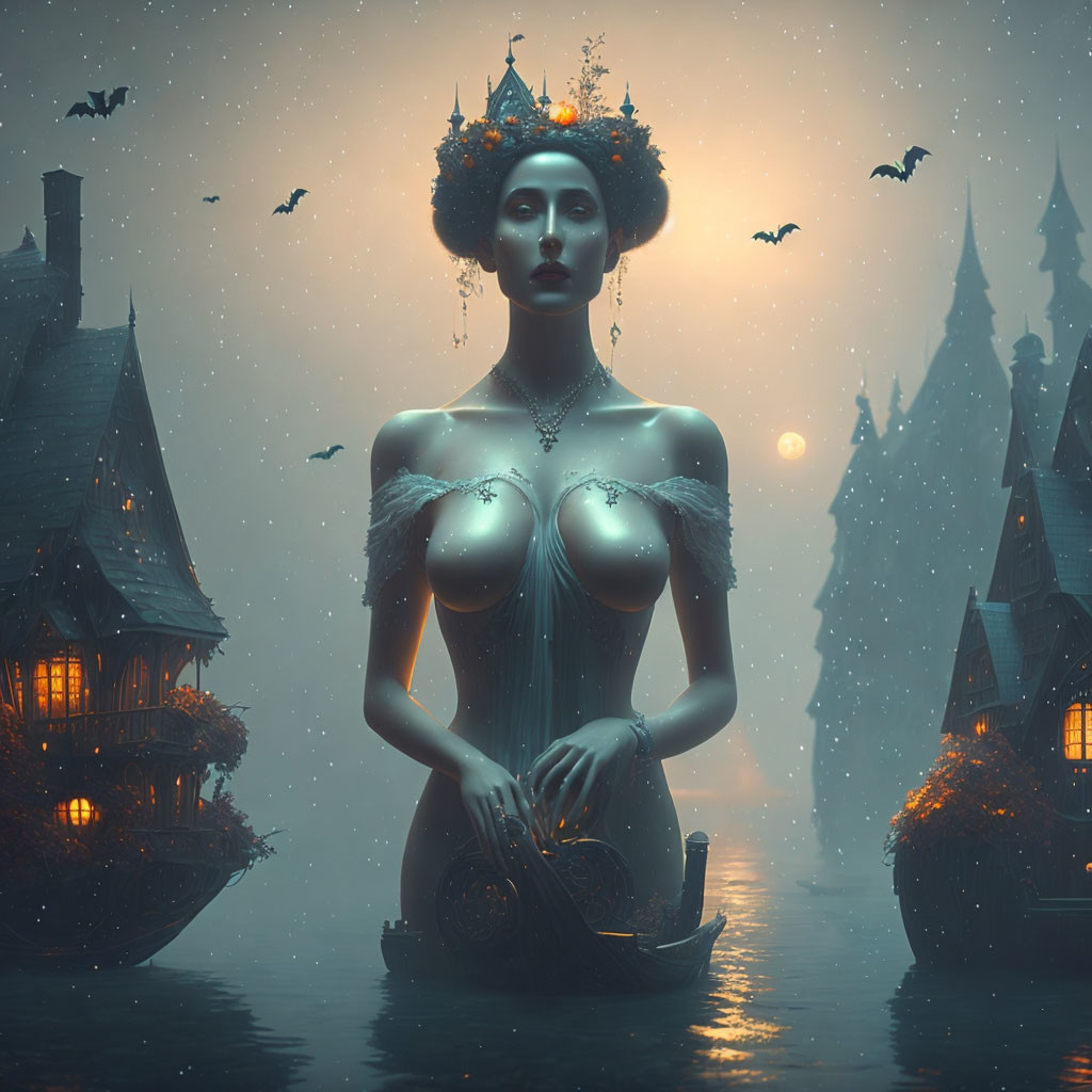 Surreal image: Woman in regal attire in water with boats, Gothic buildings, bats,