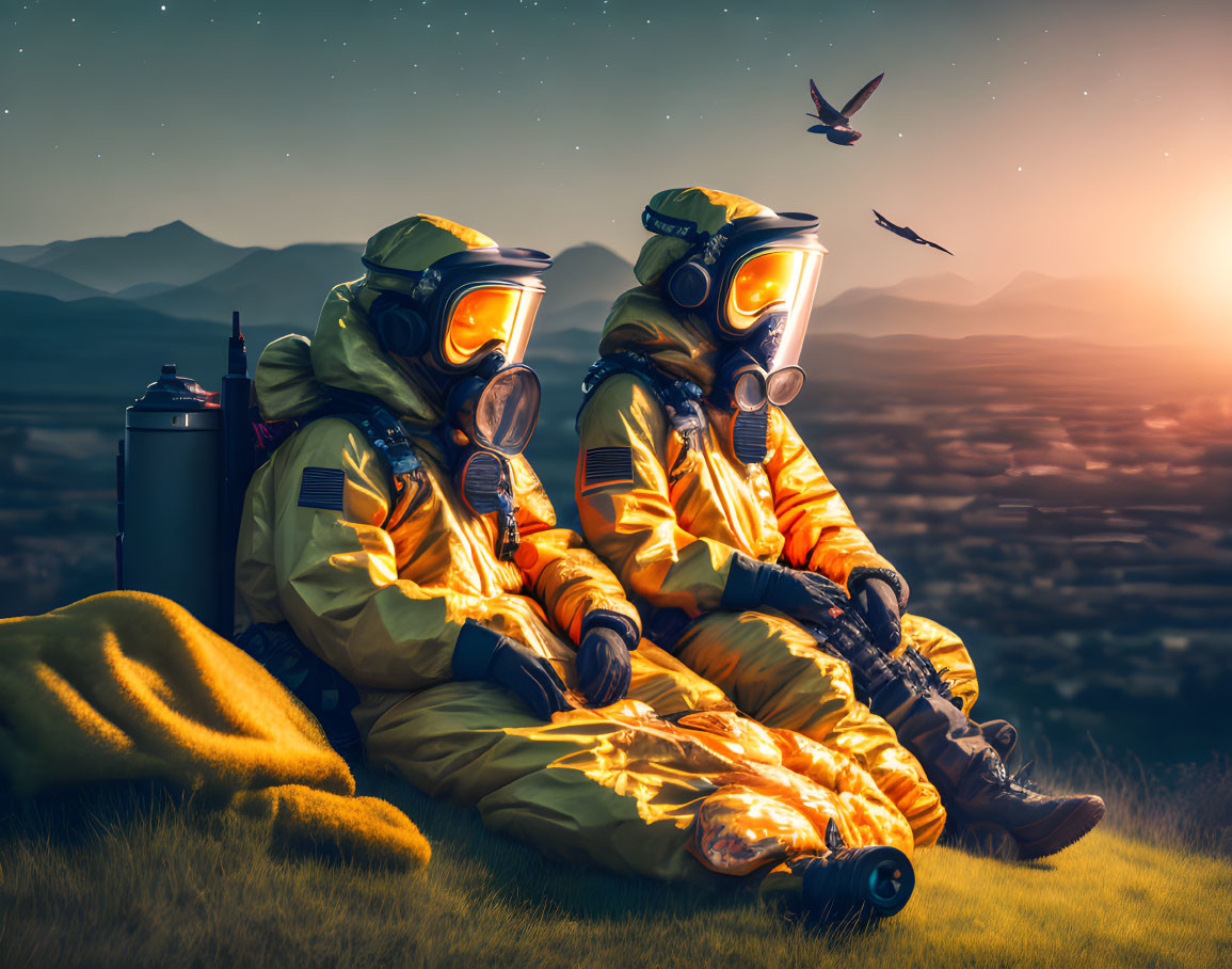 Astronauts in yellow suits on hill at dusk overlooking serene landscape