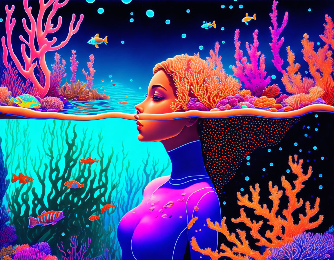 Colorful underwater illustration with woman and coral reefs