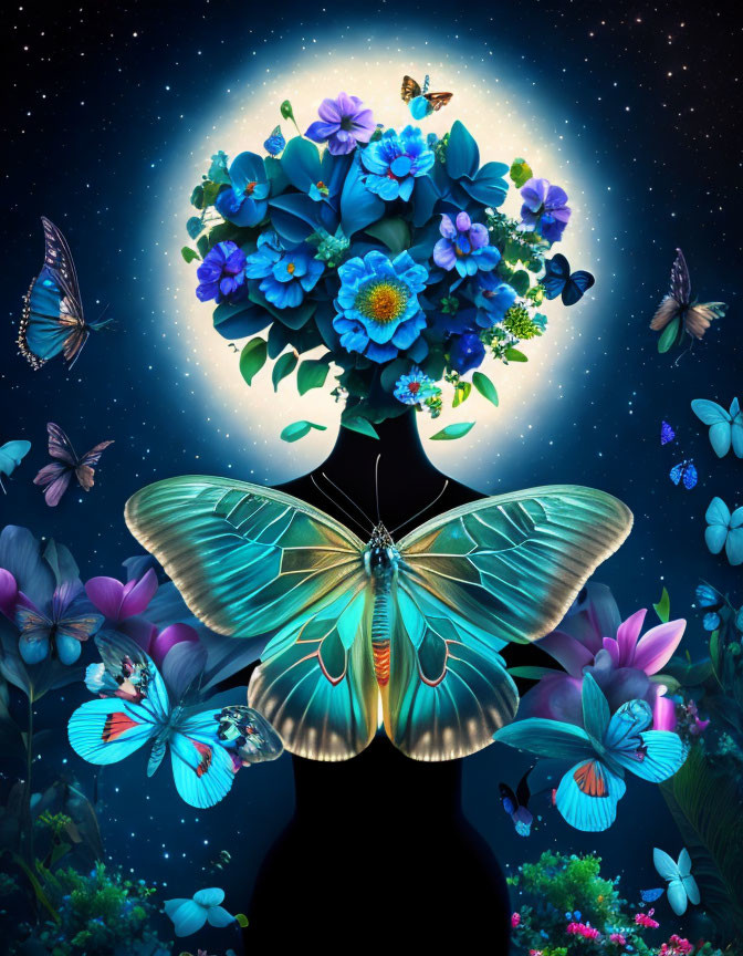 Colorful digital artwork: silhouette with butterfly wings, blue flowers, butterflies, starry night sky