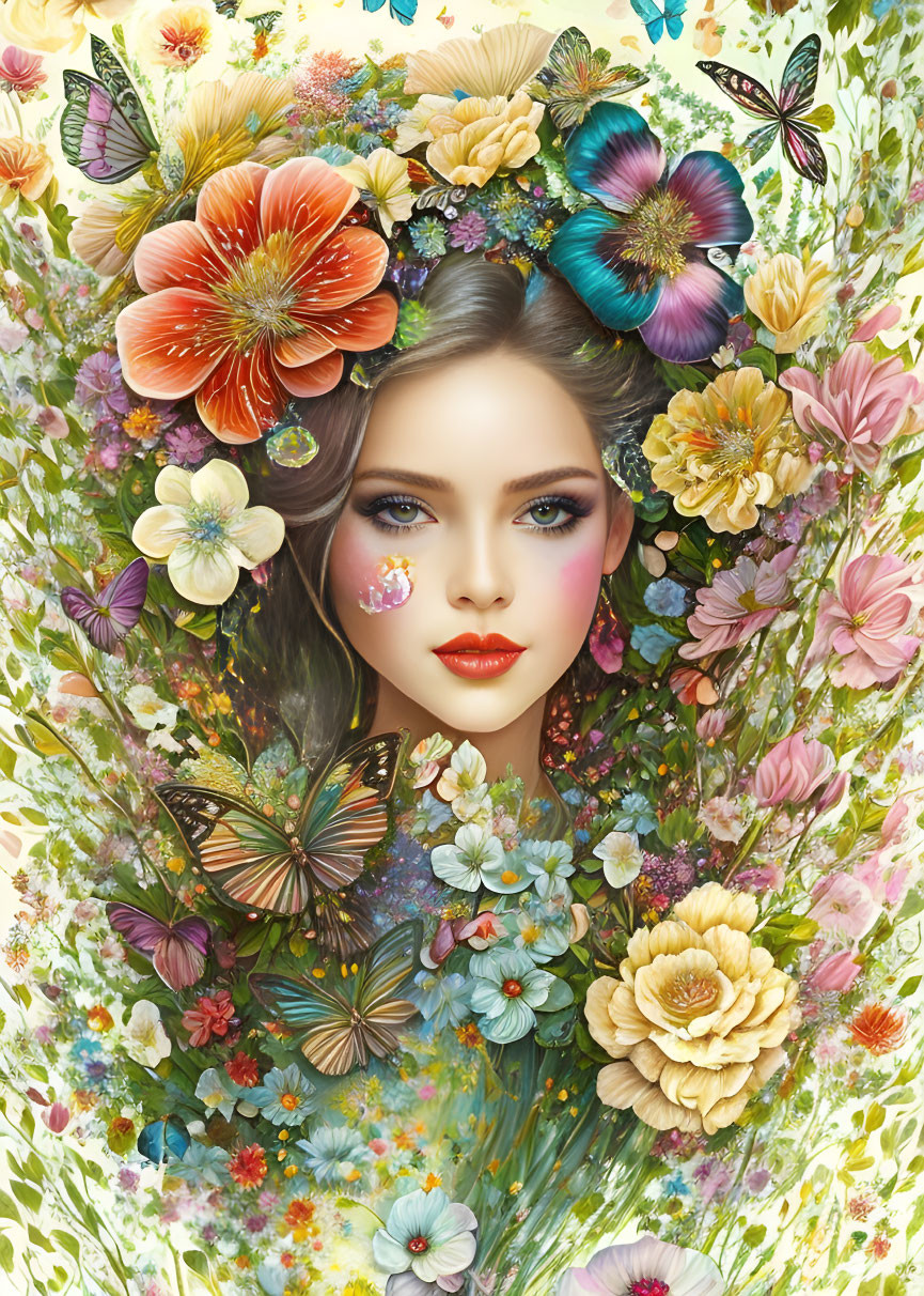 Woman's Face with Vibrant Flowers and Butterflies in Artwork