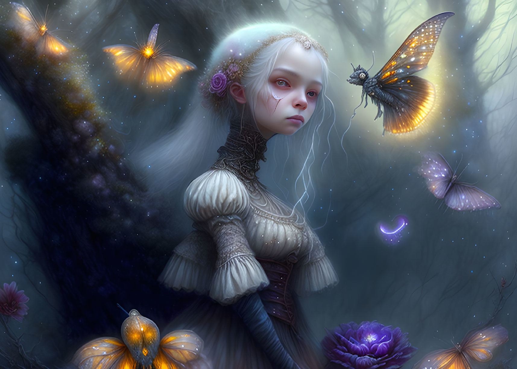 Ethereal young girl with glowing butterflies in mystical forest