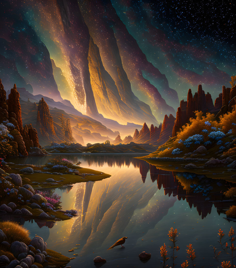 Tranquil night scene: towering cliffs, starlit lake, colorful flora, aurora hint