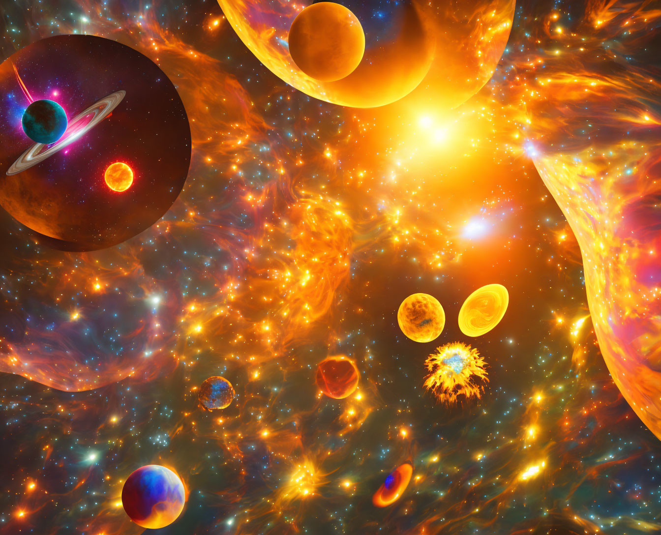 Colorful cosmic scene with planets and swirling galaxy in fiery hues