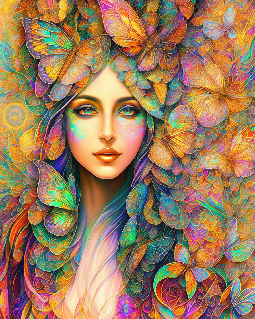 Colorful woman with butterfly headdress and flowing hair.