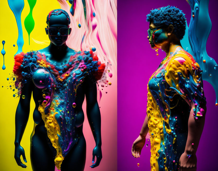 Colorful liquid art on mannequin meets split background in vibrant photo