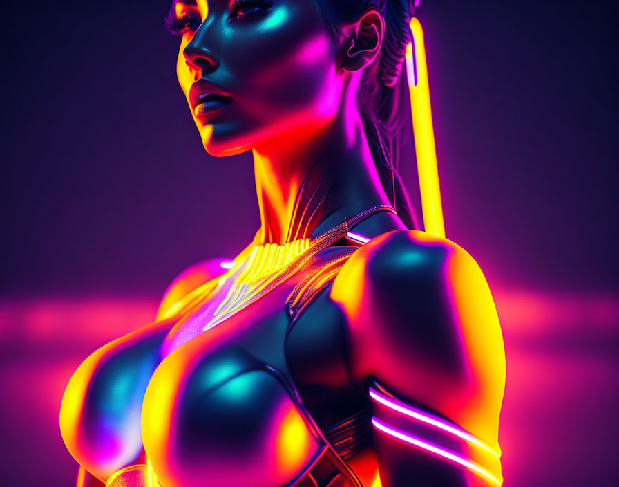 Digital artwork of female figure with neon purple and red lights.