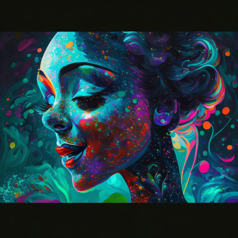 Colorful Digital Art Portrait of Woman with Abstract Paint Splatters and Floral Patterns