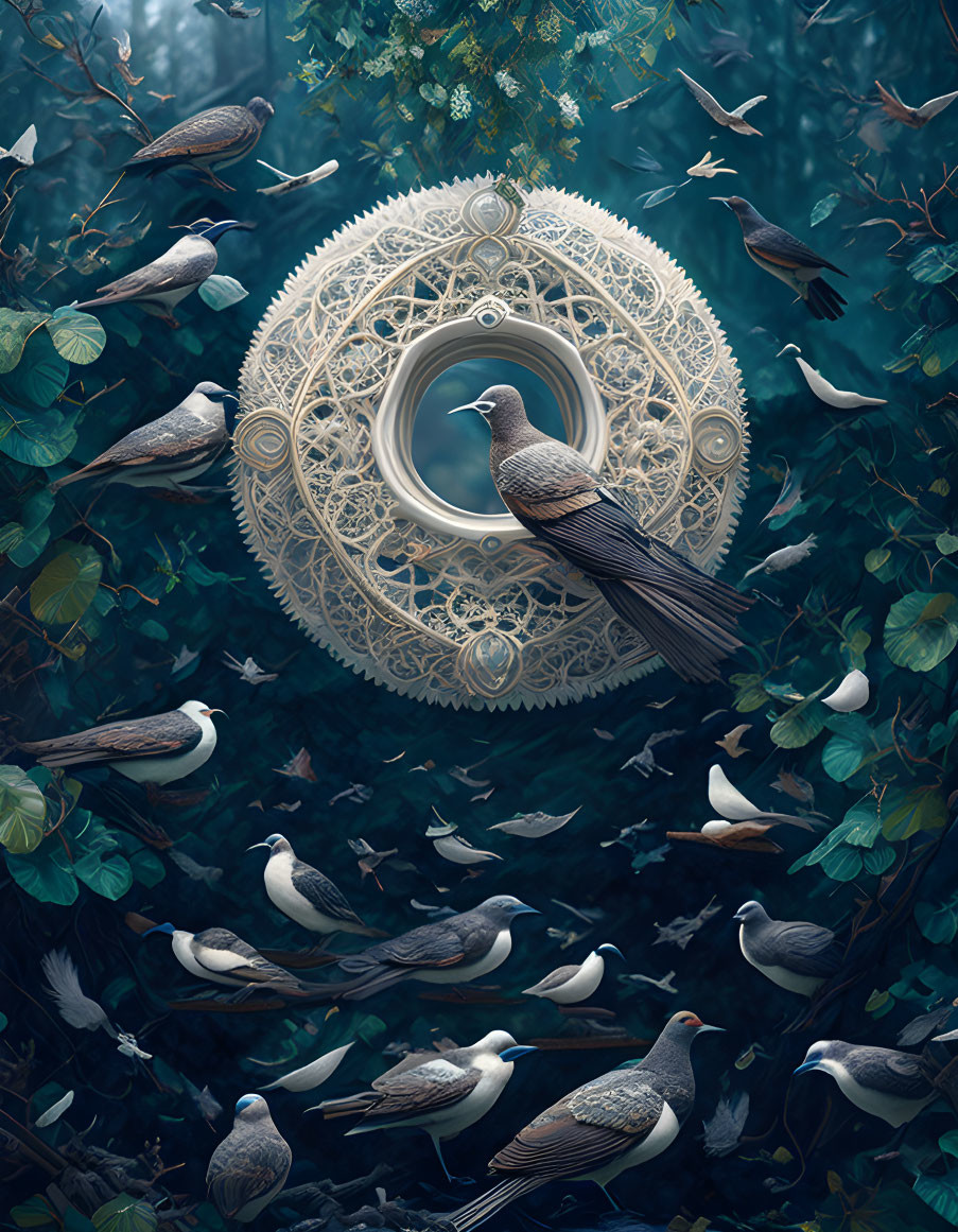 Circular Frame with Birds in Mystical Forest Setting