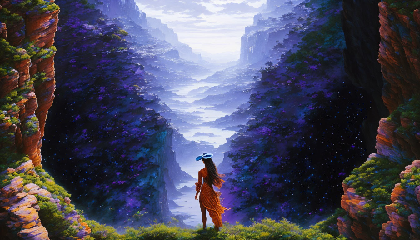 Person in orange cloak gazes at starry night sky over misty canyon river