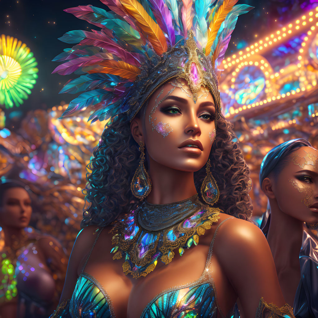 Colorful Feather Headdress and Elaborate Makeup at Vibrant Carnival