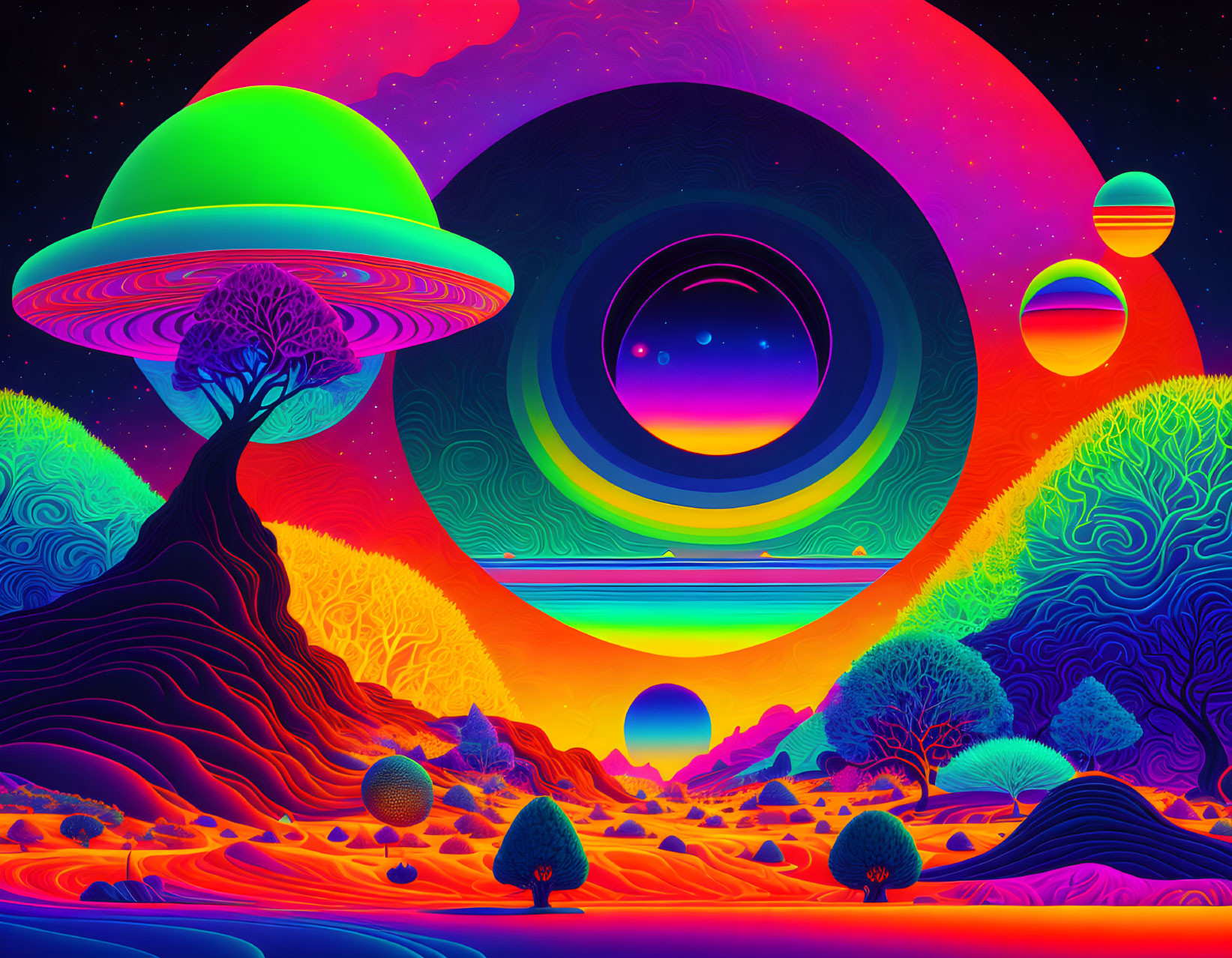 Colorful Psychedelic Landscape with UFO and Celestial Bodies