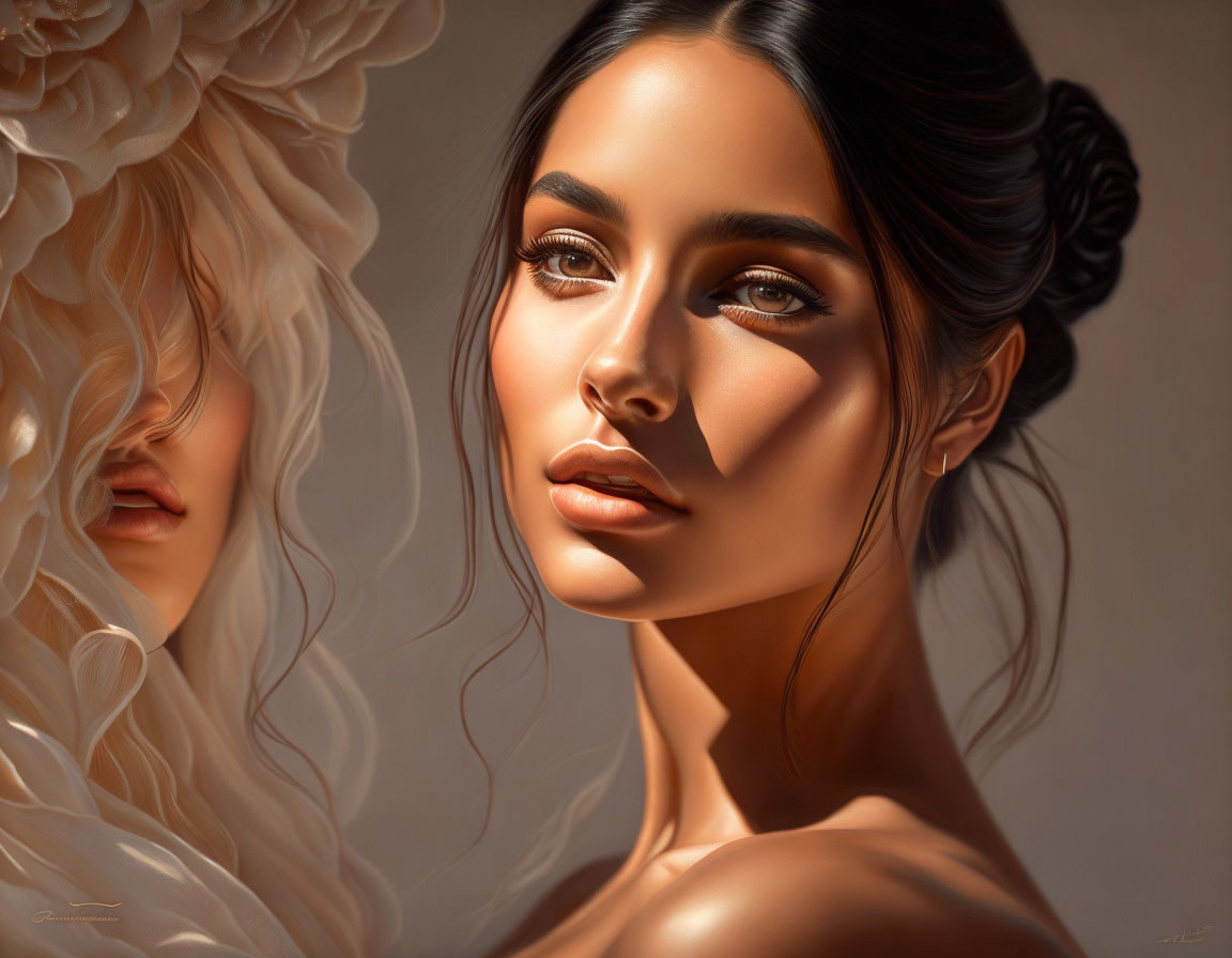 Detailed digital portrait of two women, one with dark hair and tanned skin